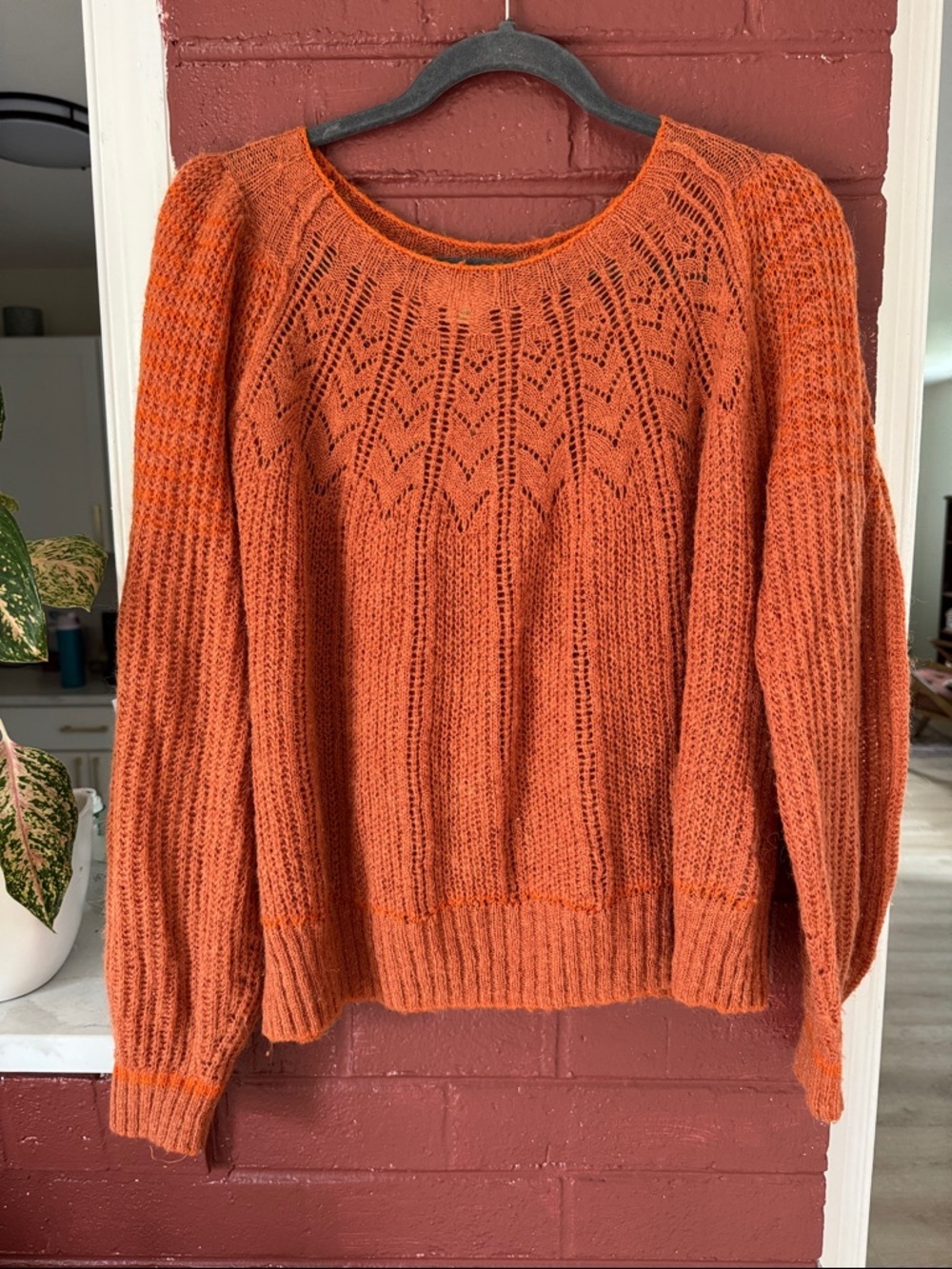 Maeve Anthropologie Burnt Orange Openwork Yoke Scoop-Neck Sweater Medium